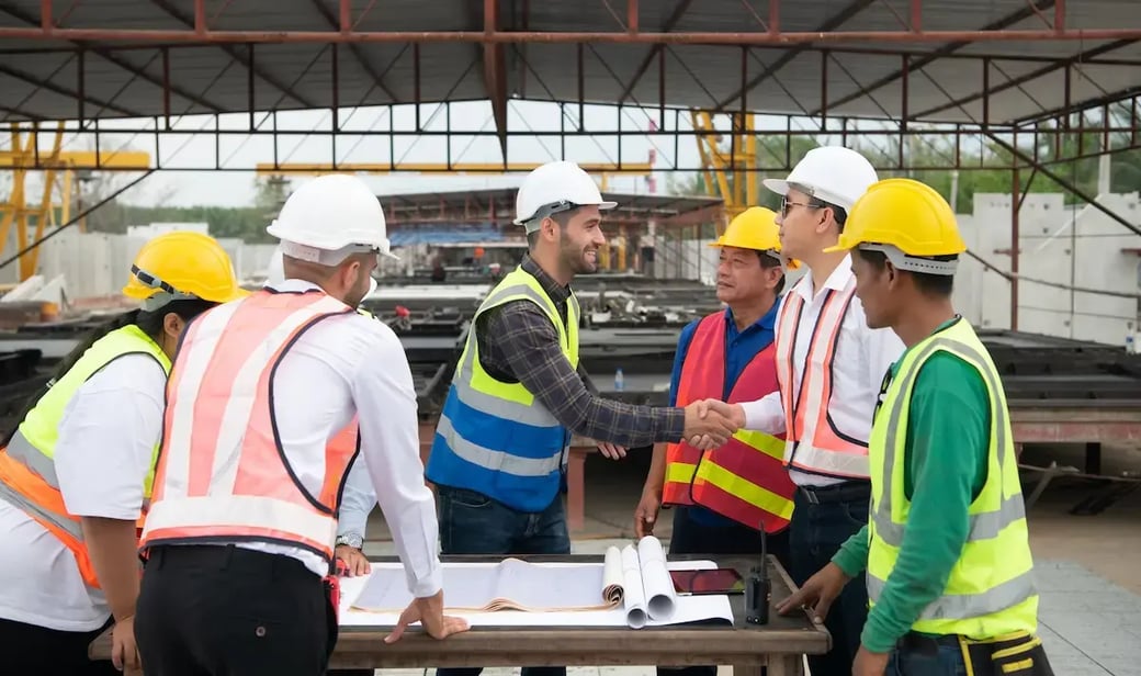 Group of diverse construction professionals wearing hard hats and reflective vests shaking hands over blueprints at a busy commercial construction site.