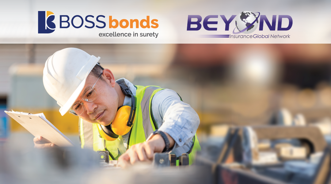 Safety inspector evaluating work with boss bonds logo and beyond insurance logo