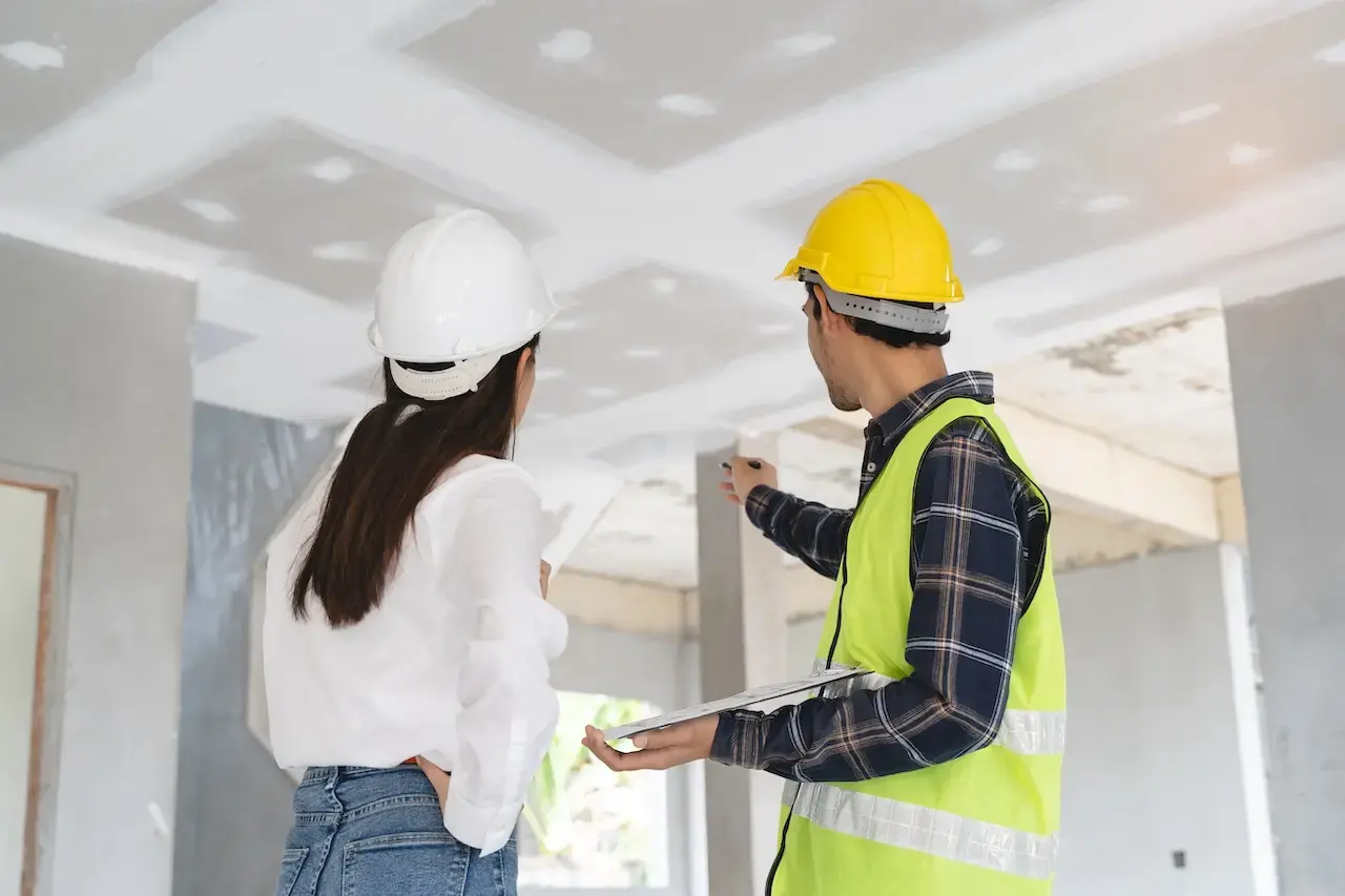 Male contractor and female client in hard hats inspecting interior ceiling during construction walkthrough