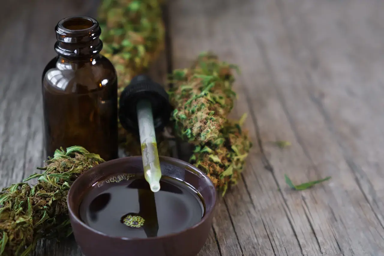 CBD oil dropper with brown glass bottle and dried cannabis buds on wooden table