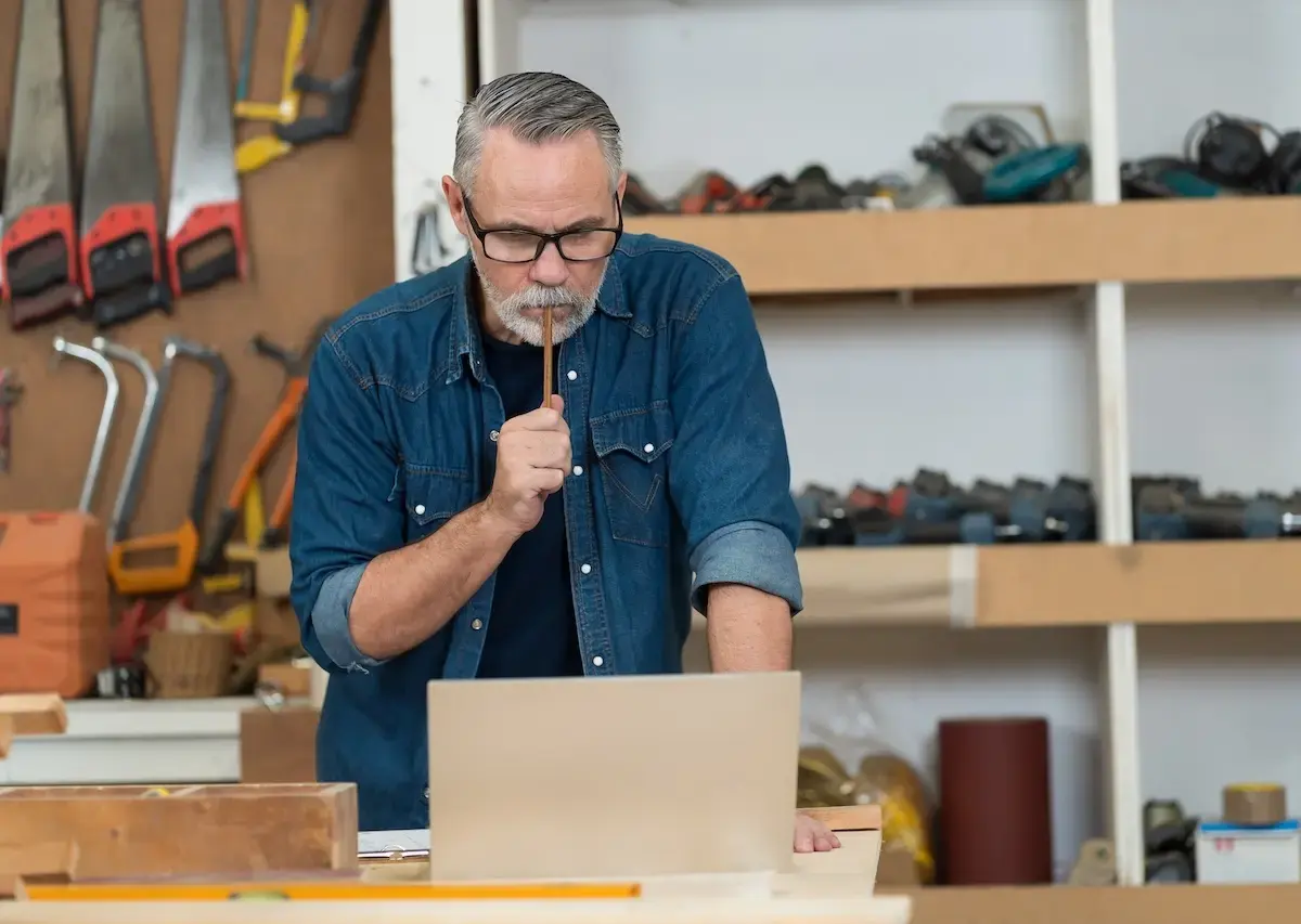 Older contractor in denim shirt focused on laptop in woodworking shop surrounded by tools and project plans.