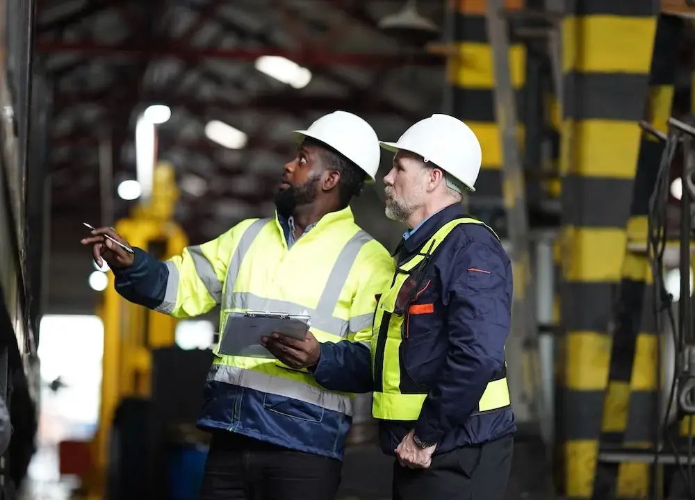 Two construction supervisors in safety gear and hard hats inspecting site work and reviewing plans together inside an industrial facility.